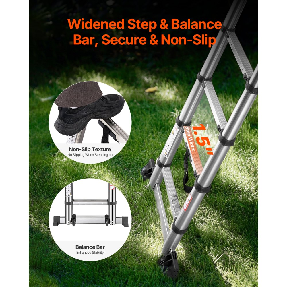 VEVOR A-frame telescopische ladder, 4985 mm lange roestvrijstalen uitschuifladder, opvouwbare ladder met een draagvermogen van 150 kg (75°), ladder met nivelleringsbalk voor thuis, camper en zolder