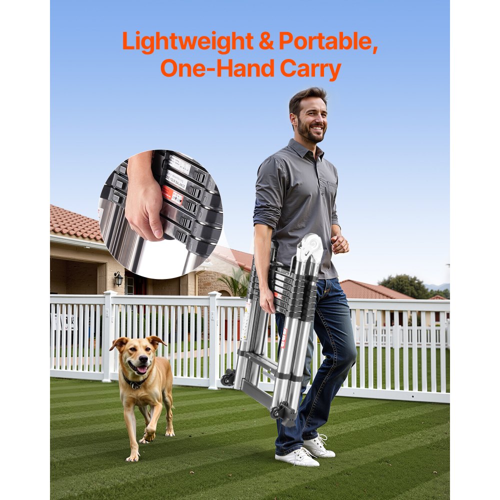 VEVOR A-frame telescopische ladder, 4985 mm lange roestvrijstalen uitschuifladder, opvouwbare ladder met een draagvermogen van 150 kg (75°), ladder met nivelleringsbalk voor thuis, camper en zolder