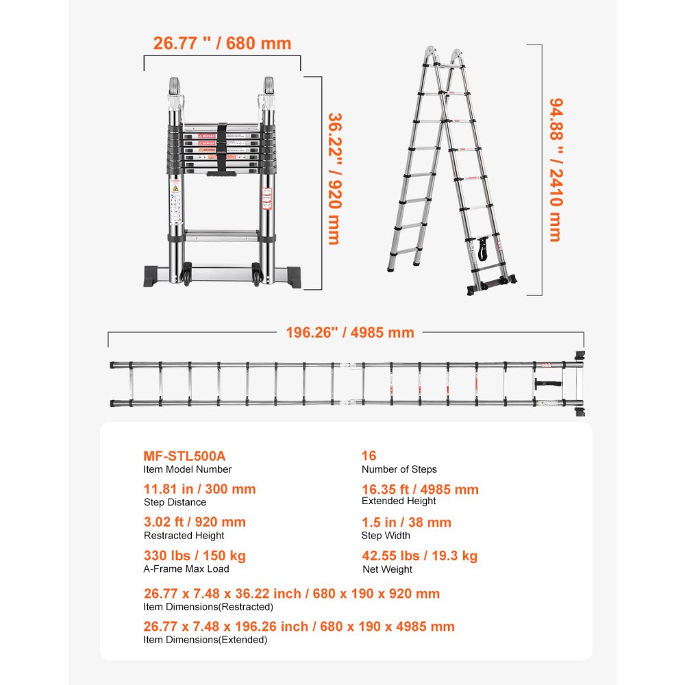VEVOR A-frame telescopische ladder, 4985 mm lange roestvrijstalen uitschuifladder, opvouwbare ladder met een draagvermogen van 150 kg (75°), ladder met nivelleringsbalk voor thuis, camper en zolder