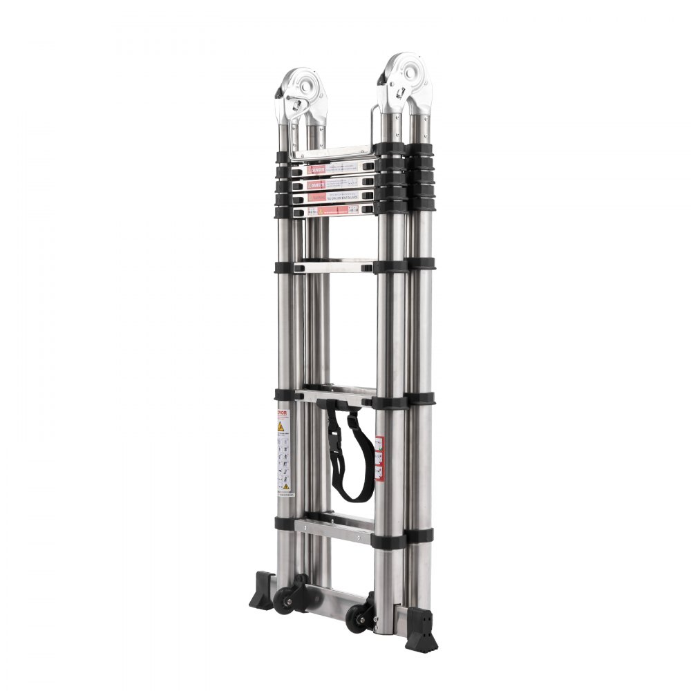VEVOR A-frame telescopische ladder, 4985 mm lange roestvrijstalen uitschuifladder, opvouwbare ladder met een draagvermogen van 150 kg (75°), ladder met nivelleringsbalk voor thuis, camper en zolder