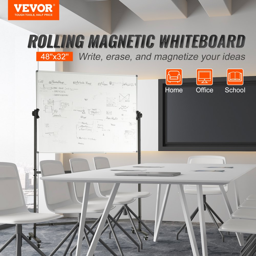 VEVOR oprolbaar whiteboard, 48 x 32 inch, dubbelzijdig magnetisch mobiel whiteboard, 360° draaibaar, in hoogte verstelbaar whiteboard met wielen en verplaatsbare lade