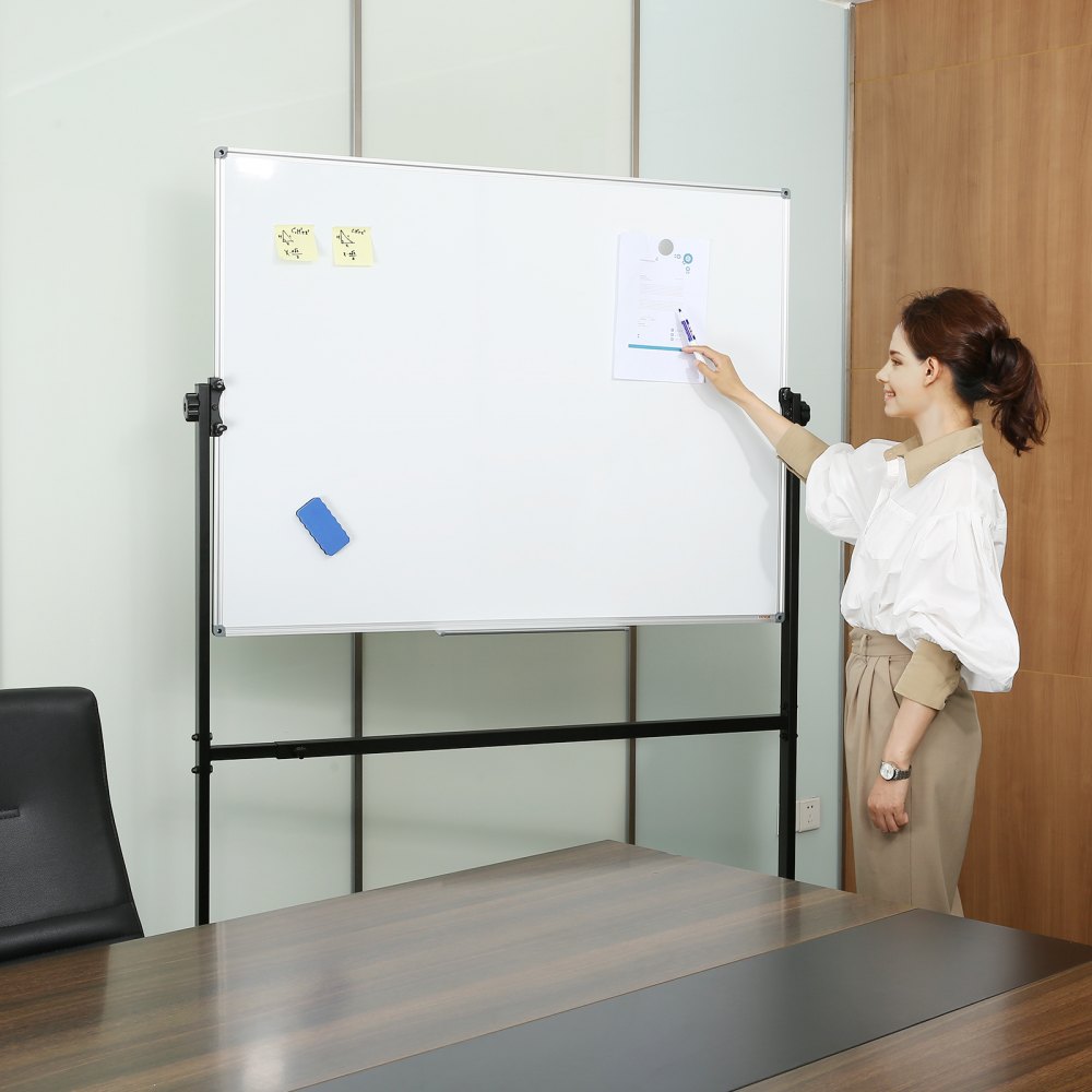 VEVOR oprolbaar whiteboard, 48 x 32 inch, dubbelzijdig magnetisch mobiel whiteboard, 360° draaibaar, in hoogte verstelbaar whiteboard met wielen en verplaatsbare lade