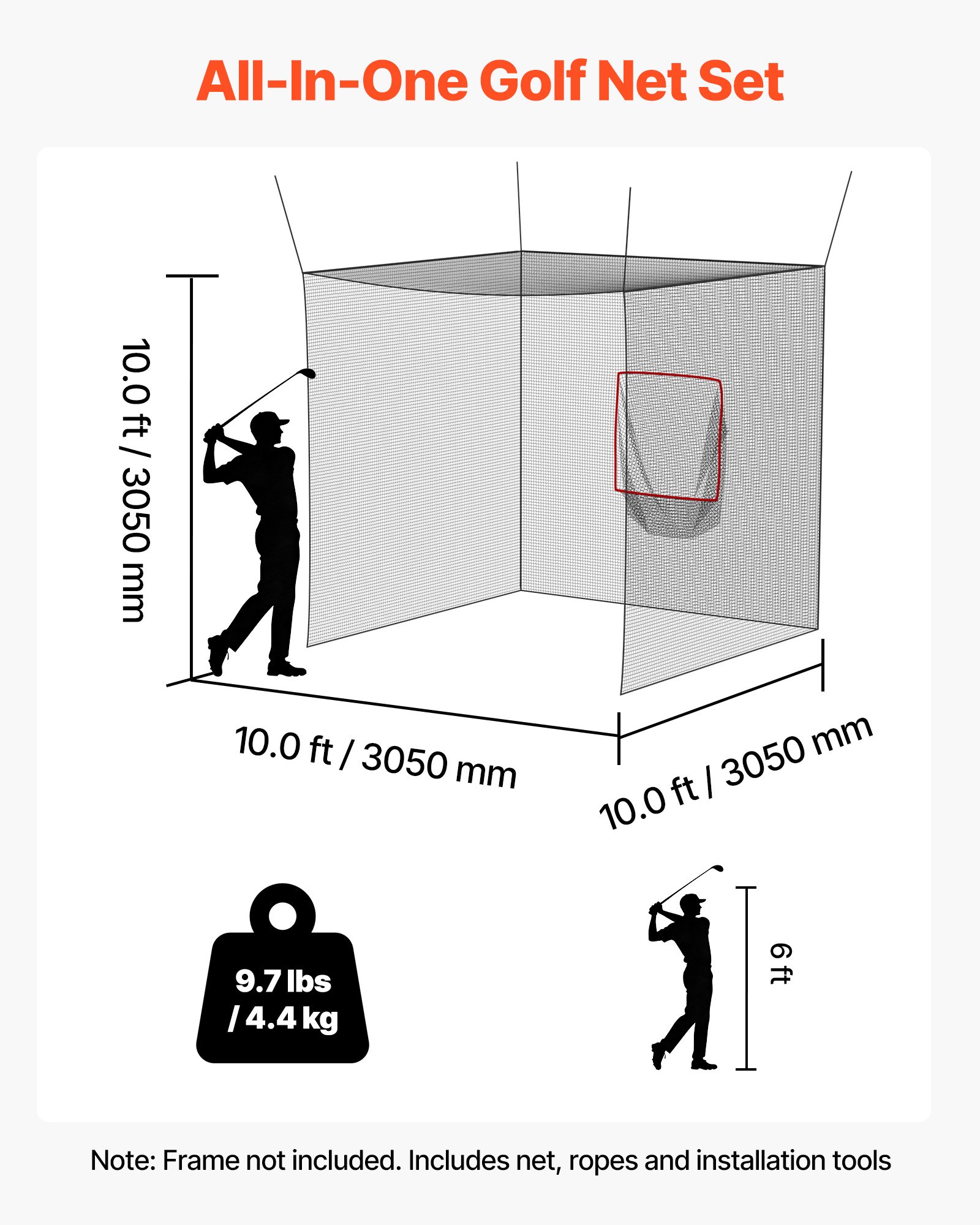 VEVOR Golf Slagkooi 305x305x305 cm, Driving Cage met 3-laags en knooploos polyesterweefsel, Golf- en 9-holes honkbaldoel, Golf slagnet, Trainingsnet, Oefennet voor binnen- en buitengebruik