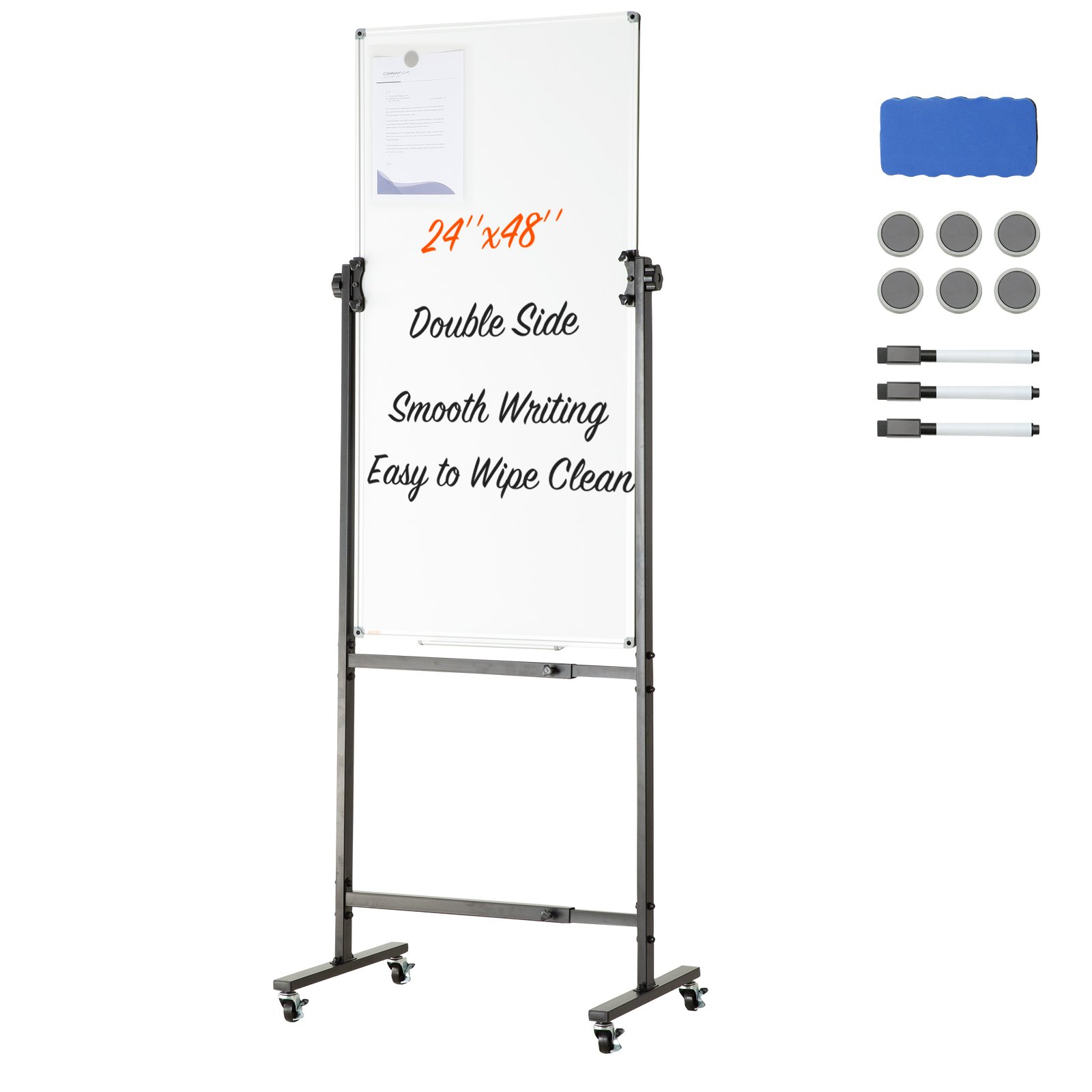 VEVOR Rolling Magnetic Whiteboard 611 x 1220 mm, in hoogte verstelbaar draagbaar whiteboard met standaard, dubbelzijdig whiteboard met wielen, mobiel whiteboard voor kantoor, klaslokaal en thuis