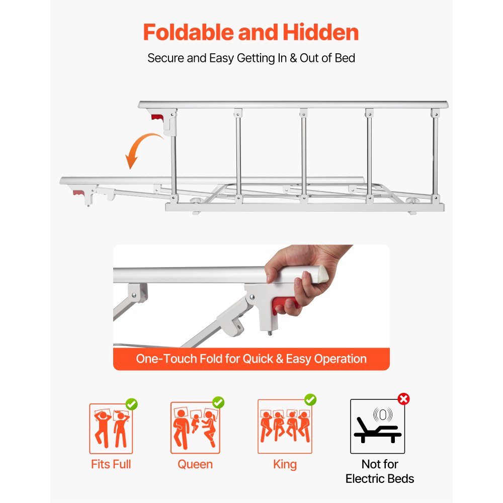 VEVOR Foldable Bed Rail for Elderly, 122 cm Bedside Assist Rail with Fixing Strap, Adjustable Height Pipe Bedside Cane, High-Strength Metal Senior Bed Bar, Hand Guard Grab Fits King, Queen, Full, Twin
