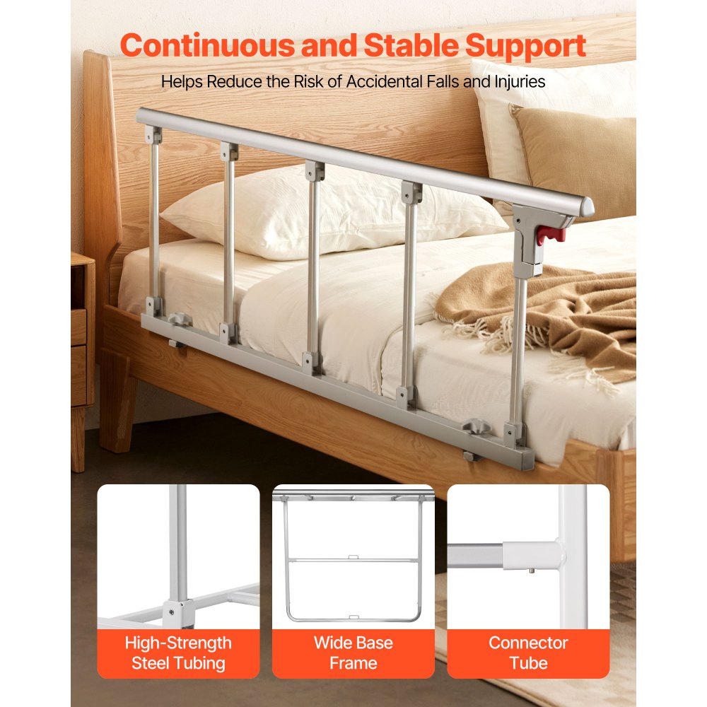VEVOR Foldable Bed Rail for Elderly, 122 cm Bedside Assist Rail with Fixing Strap, Adjustable Height Pipe Bedside Cane, High-Strength Metal Senior Bed Bar, Hand Guard Grab Fits King, Queen, Full, Twin