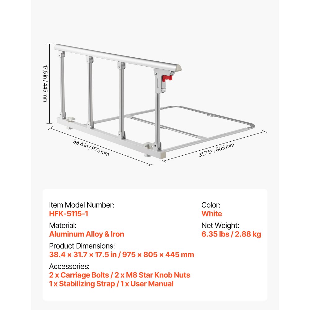 VEVOR Opvouwbare bedhek voor senioren, 97 cm bedhek met bevestigingsband, valbeveiliging, randbeveiliging, seniorenbedhek, geschikt voor kingsize, queensize, tweepersoonsbedden en eenpersoonsbedden
