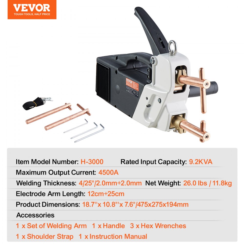 VEVOR Draagbare puntlasmachine, 4/25-inch puntlasmachine met 9,2 kVA ingangsvermogen, draagbare puntlasmachine met laspunt voor plaatwerk voor koolstofstaal, roestvrij staal, aluminiumplaat