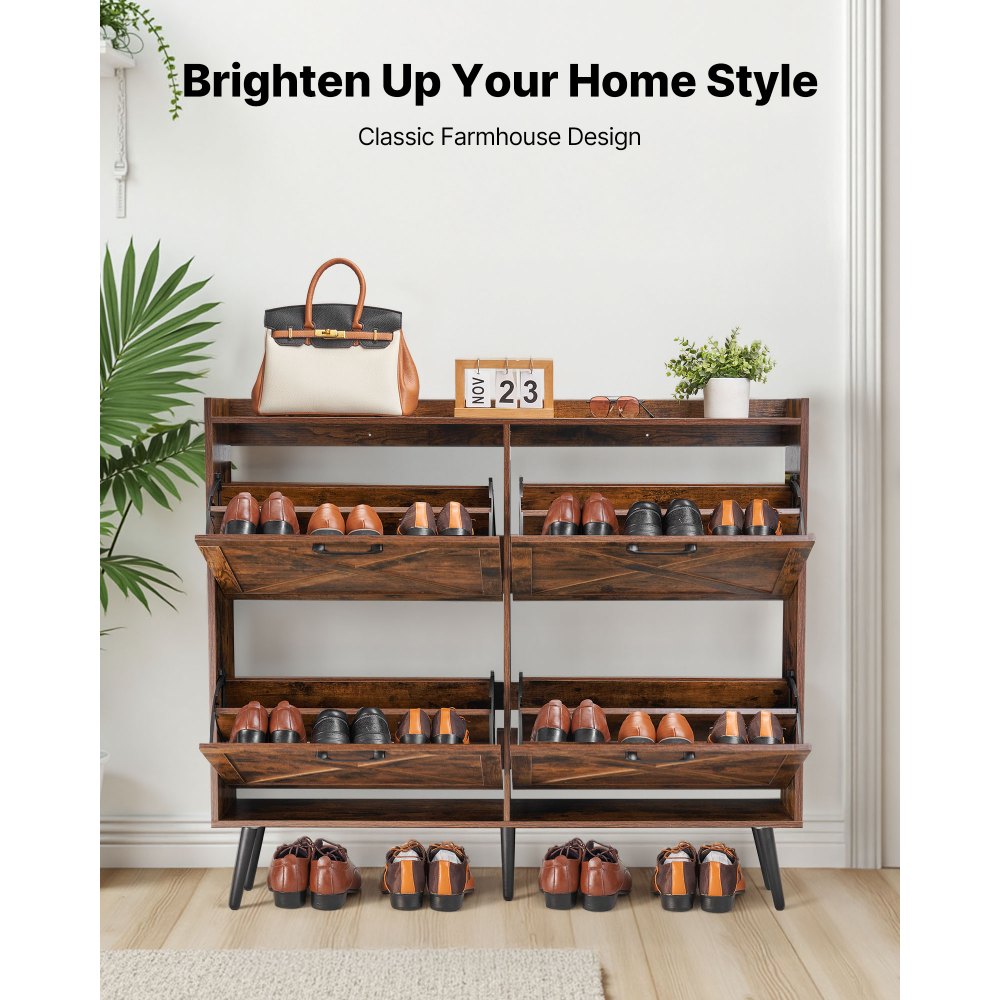 VEVOR schoenenkast met 4 deuren en kantelbeveiliging, ruimtebesparende schoenenkieper, vrijstaande schoenenrek-organizer voor entree, hal, woonkamer, veranda, vintage schoenenrek 120 x 24 x 105 cm bruin