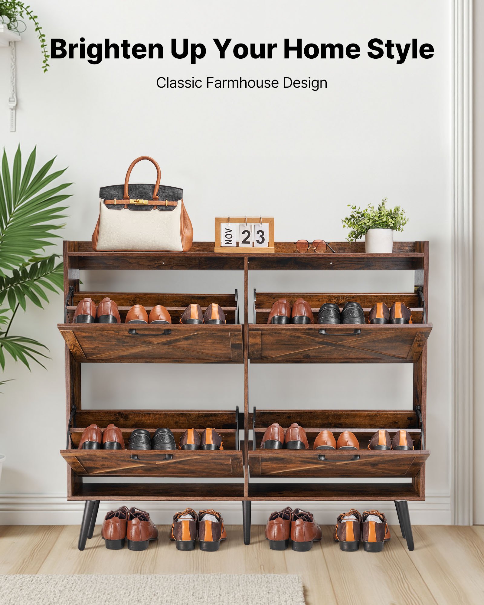 VEVOR schoenenkast met 4 deuren en kantelbeveiliging, ruimtebesparende schoenenkieper, vrijstaande schoenenrek-organizer voor entree, hal, woonkamer, veranda, vintage schoenenrek 120 x 24 x 105 cm bruin