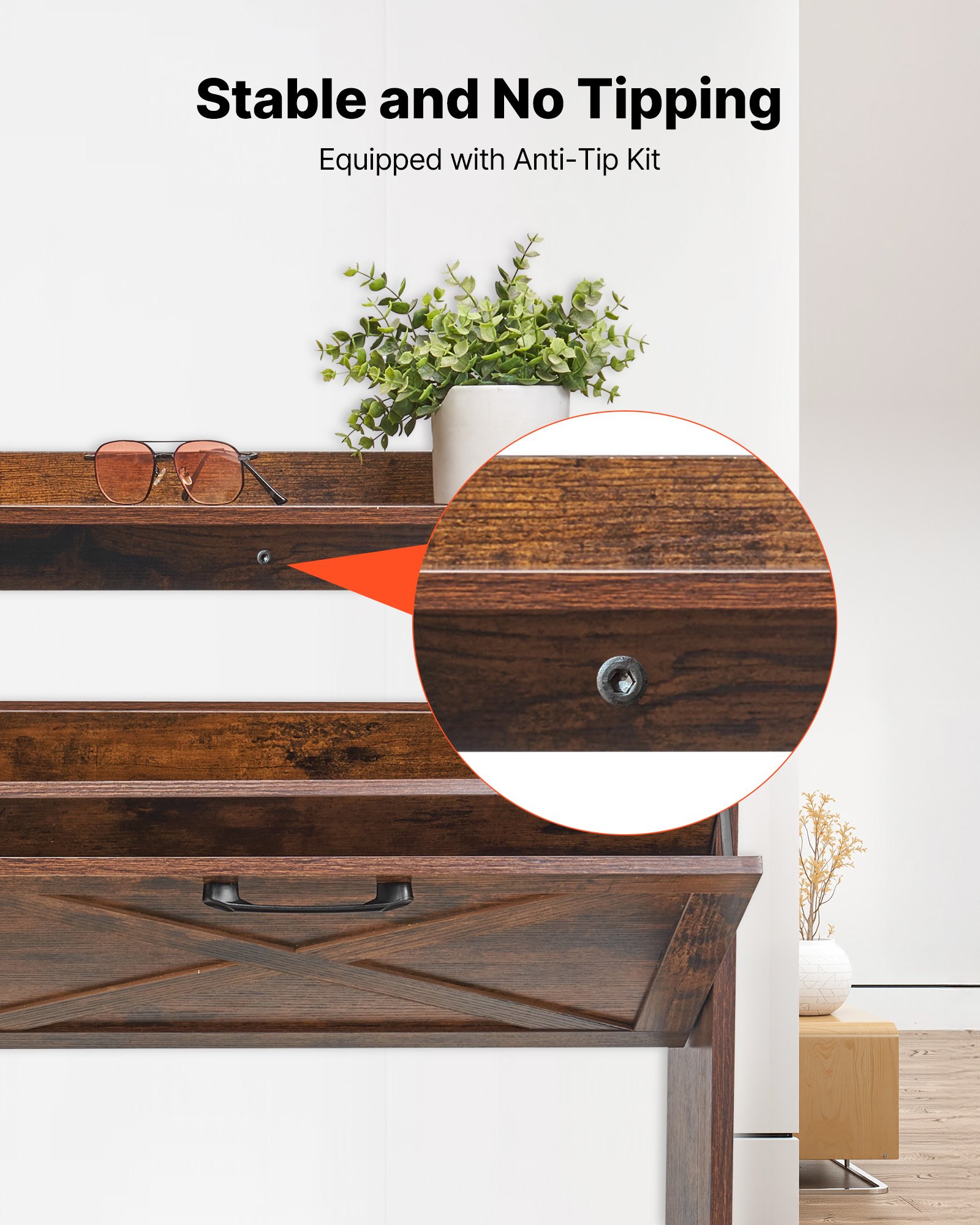 VEVOR schoenenkast met 4 deuren en kantelbeveiliging, ruimtebesparende schoenenkieper, vrijstaande schoenenrek-organizer voor entree, hal, woonkamer, veranda, vintage schoenenrek 120 x 24 x 105 cm bruin