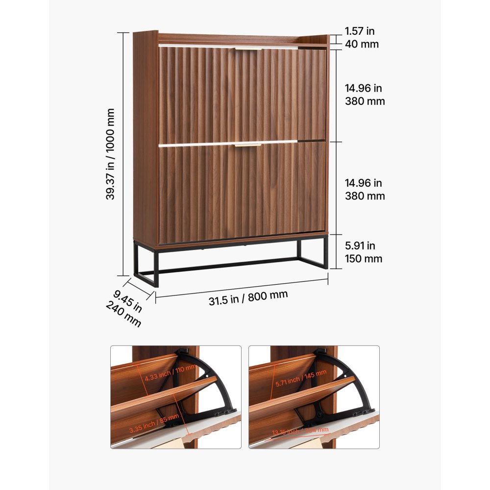 VEVOR Shoe Cabinet with 2 Flip Drawers, Mid-Century Shoes Storage Cabinet with Anti-Tipping Device, Freestanding Fluted Shoe Organizer, Ideal for Entrance, Hallway, Bedroom, Living Room, Walnut