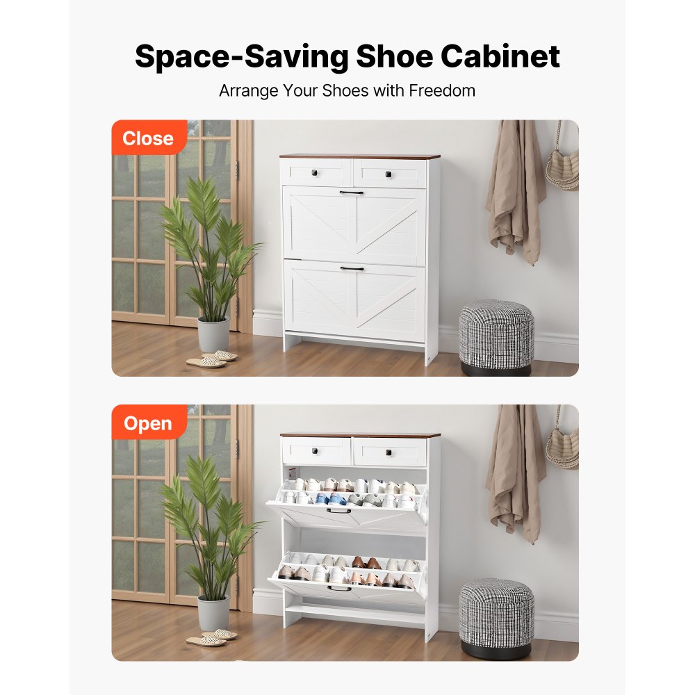 VEVOR Schoenenkast met 2 deuren, kantelbeveiliging en lades, ruimtebesparende schoenenkast, vrijstaande schoenenkast voor in de hal, woonkamer, veranda, schoenenrek 80x24x105 cm, wit