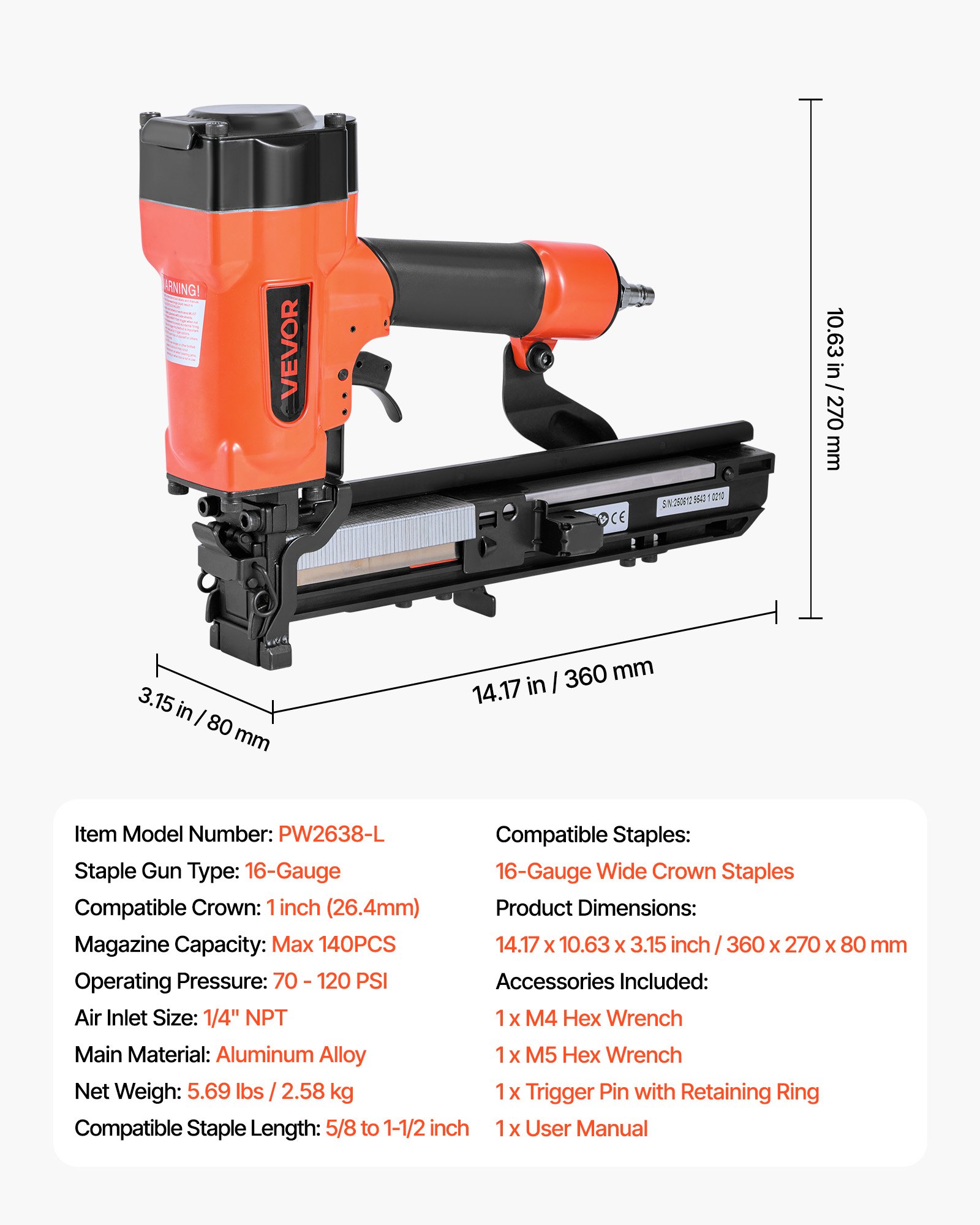 VEVOR pneumatisch spijkerpistool, 26,4 mm brede kroon, pneumatisch nietapparaat, 16-38 mm lengte, 70-120 PSI pneumatisch spijkerpistool met twee schietstanden voor daken, gevelbekleding, hekken en ondervloeren