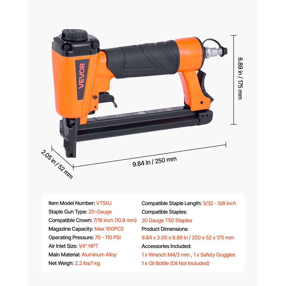 VEVOR Pneumatische spijkermachine, T50 Pneumatische nietmachine voor 10,8 mm kroon, 4-16 mm lange nieten, 70-110 PSI nietmachine voor houtbewerking, stoffering, textiel, knutselen, doe-het-zelfprojecten