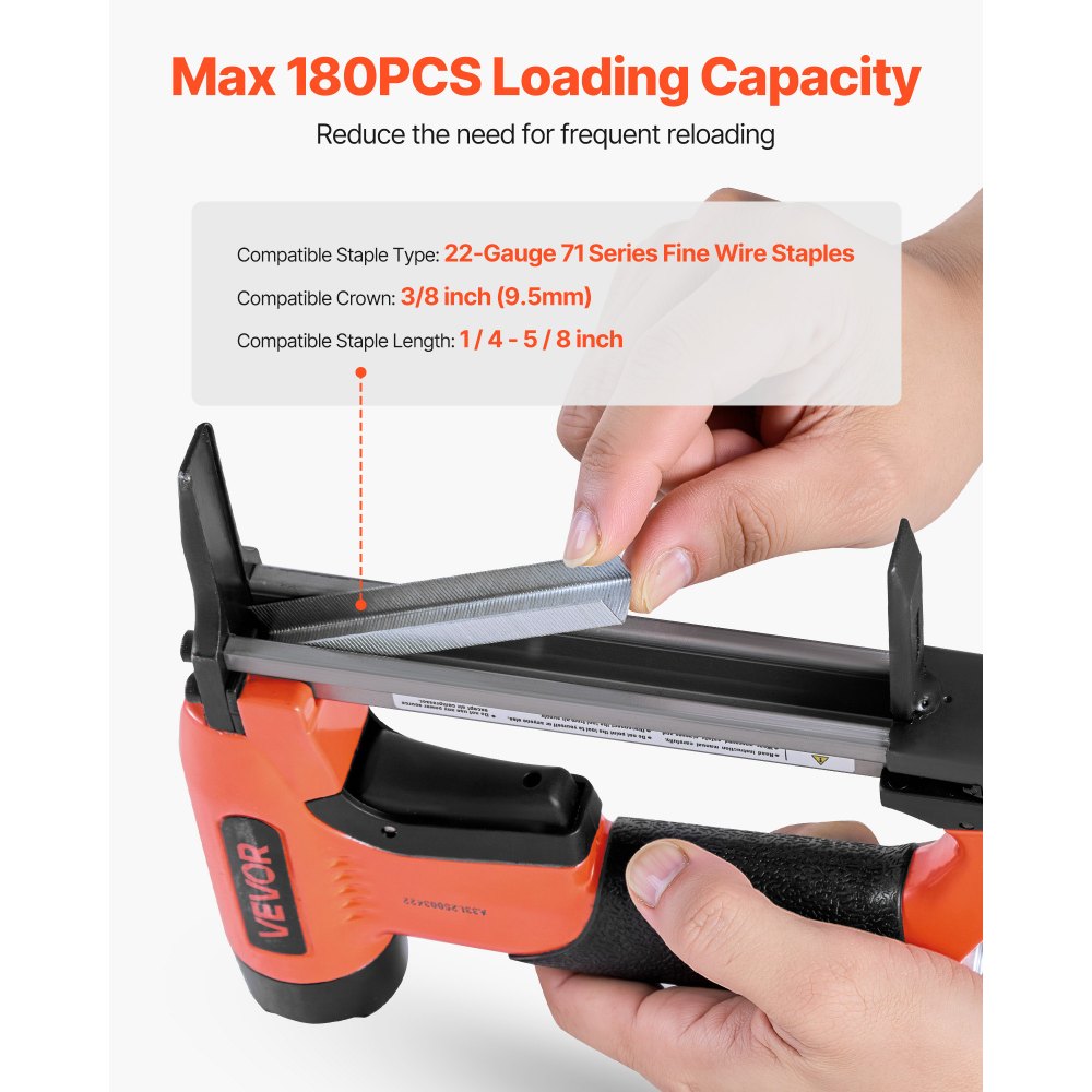 VEVOR Pneumatic Staple Gun, 22 Gauge Long-Nose Upholstery Stapler for 71 Series Fine Wire Staples 9.5mm Crown 6mm-16mm Length, Max 180PCS Loading Air Staple Gun for Upholstering, Woodworking, DIY
