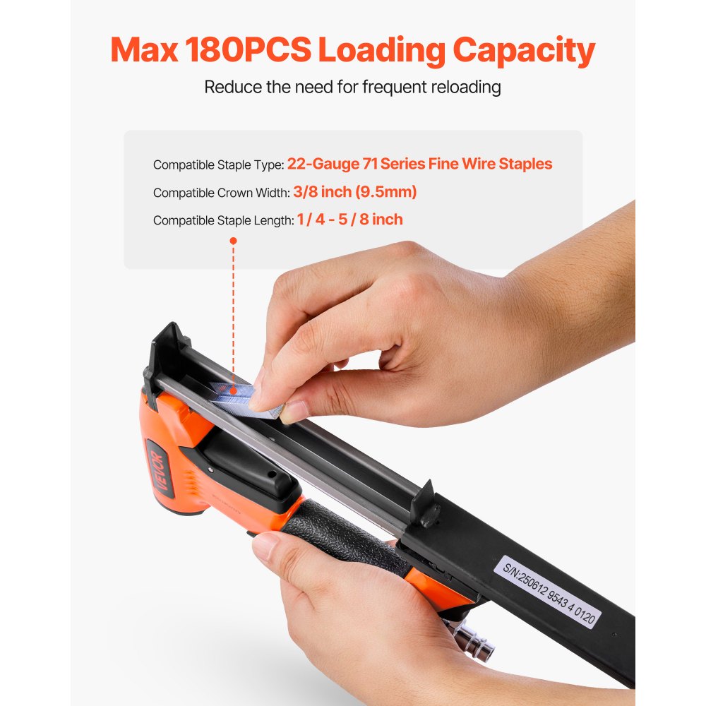 VEVOR Pneumatische Nietmachine, Pneumatische Spijkermachine voor 71 Serie Fijne Nieten, 9,5 mm Kroon, 6-16 mm Lengte, Max. 180 stuks. Pneumatisch Spijkerpistool voor Meubelstoffering, Houtbewerking, Doe-het-zelfprojecten.