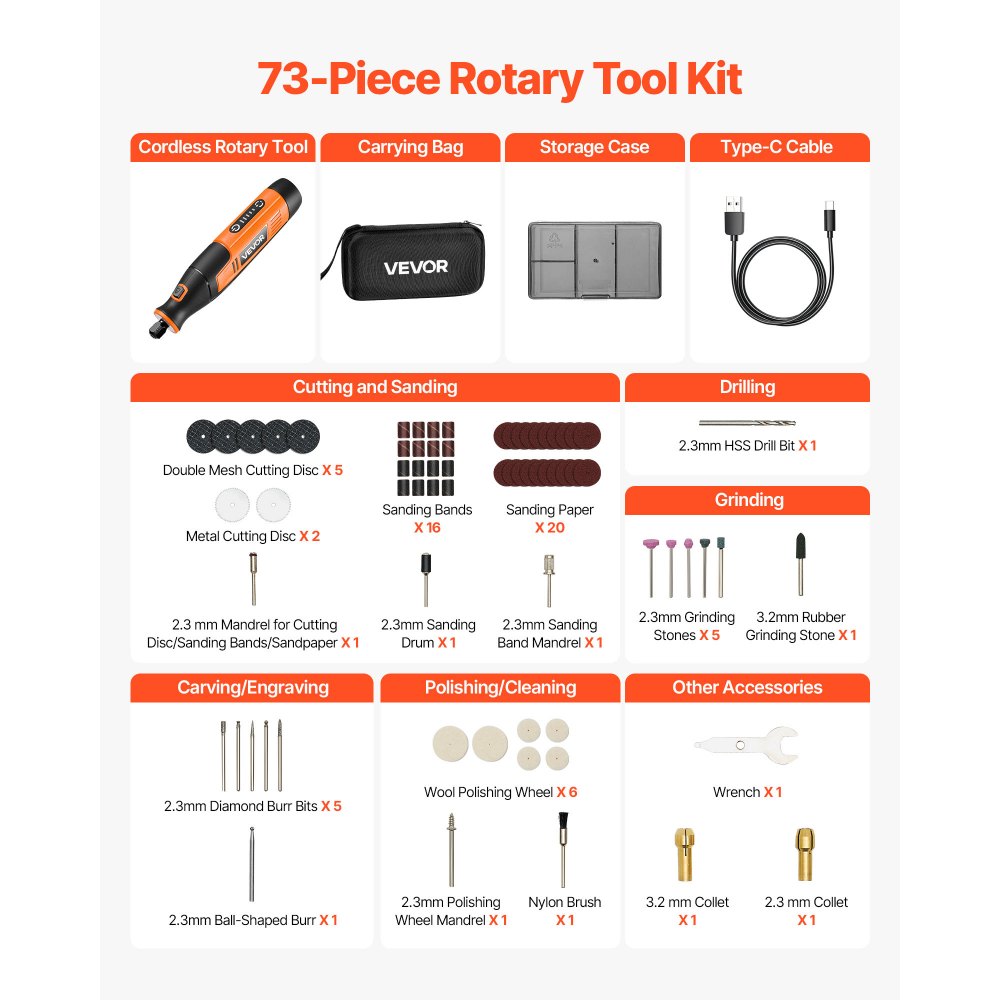 VEVOR 73-delige draadloze multitoolset, draagbare mini-rotatietool op DC4V, 5 snelheden 7000–20000 tpm, voor graveren, slijpen, polijsten, snijden, zagen en doe-het-zelfprojecten.
