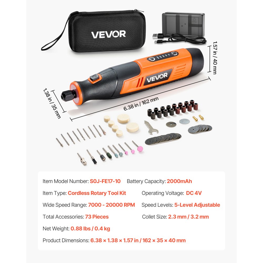 VEVOR 73-delige draadloze multitoolset, draagbare mini-rotatietool op DC4V, 5 snelheden 7000–20000 tpm, voor graveren, slijpen, polijsten, snijden, zagen en doe-het-zelfprojecten.