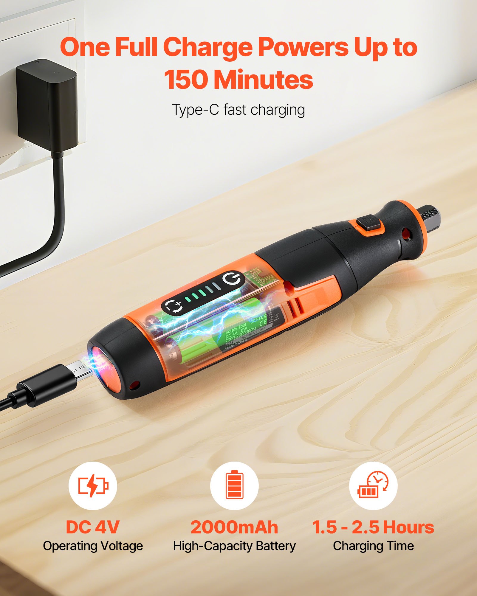 VEVOR 73-delige draadloze multitoolset, draagbare mini-rotatietool op DC4V, 5 snelheden 7000–20000 tpm, voor graveren, slijpen, polijsten, snijden, zagen en doe-het-zelfprojecten.