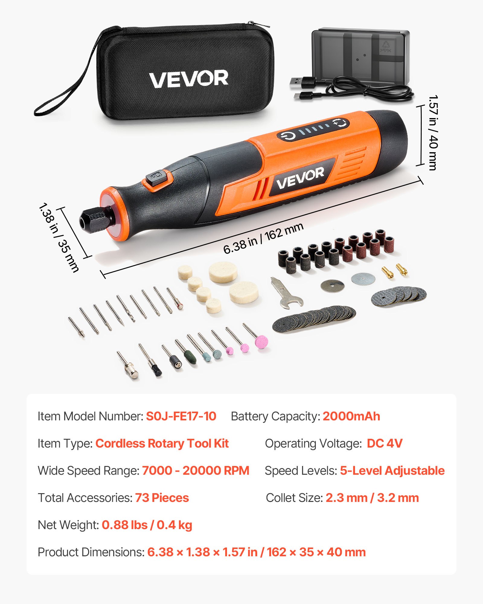 VEVOR 73-delige draadloze multitoolset, draagbare mini-rotatietool op DC4V, 5 snelheden 7000–20000 tpm, voor graveren, slijpen, polijsten, snijden, zagen en doe-het-zelfprojecten.