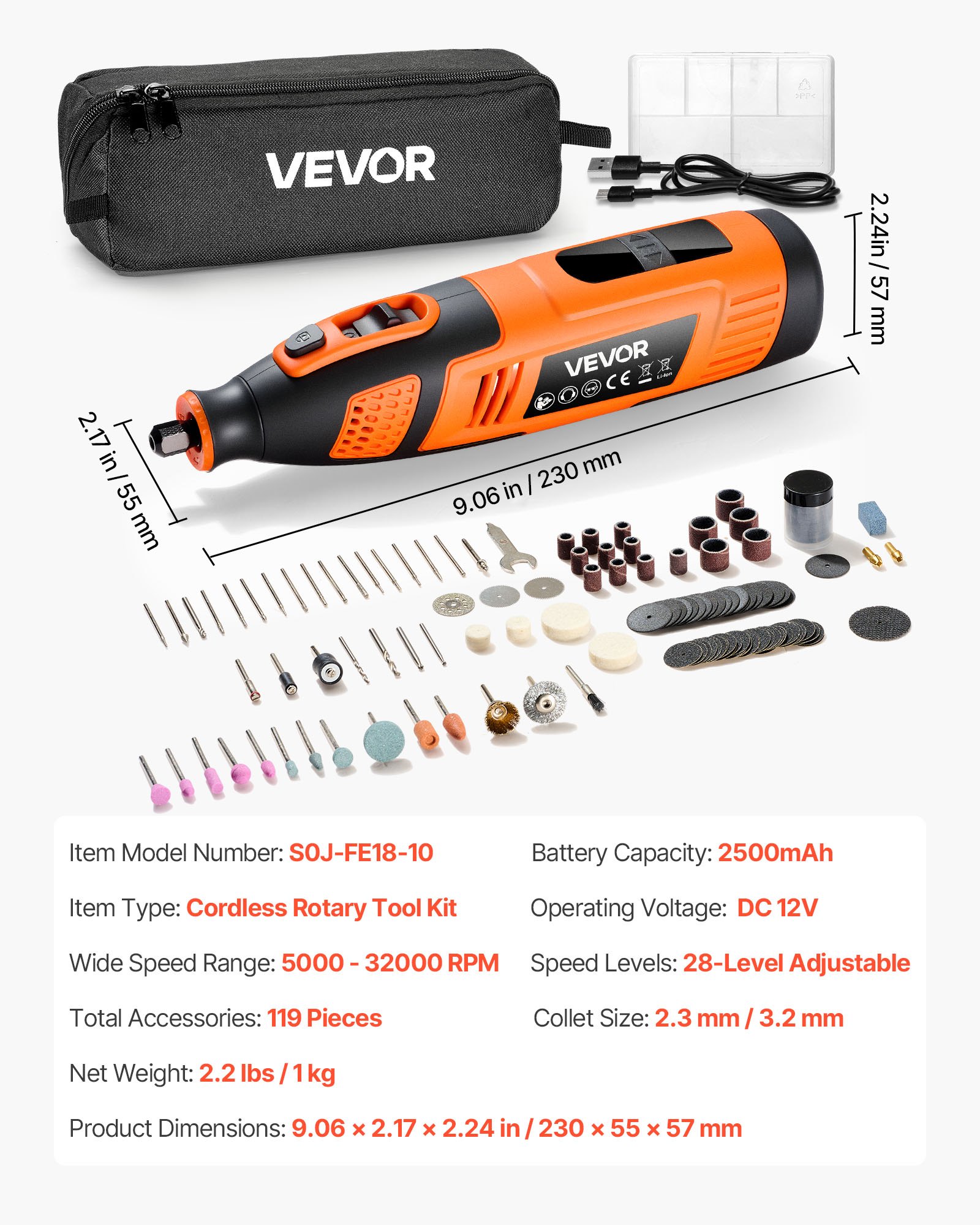 VEVOR 119-delige draadloze multitoolset, draagbare DC12V mini-rotatietool, 28 snelheden 5000–32000 tpm, voor graveren, slijpen, polijsten, snijden, doe-het-zelf