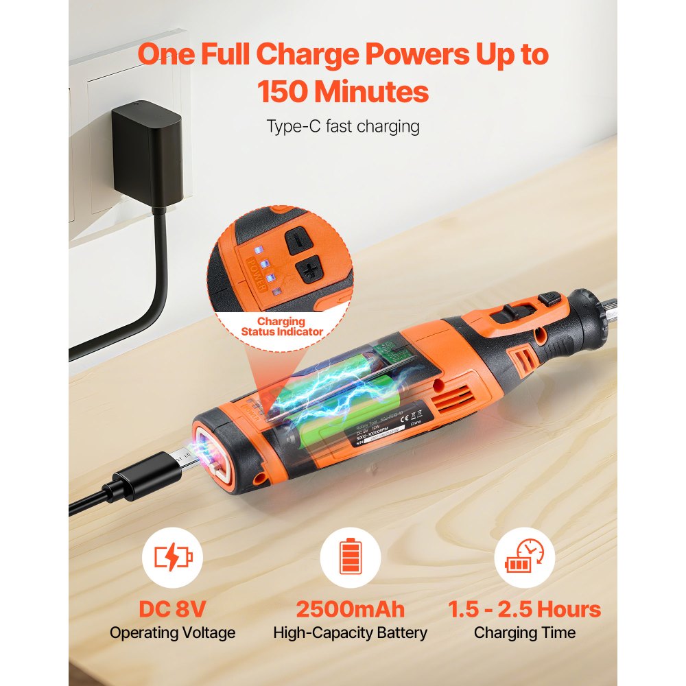 VEVOR 136-delige draadloze multitool, DC8V draagbare mini-rotatietool, 5 snelheden 5000–30000 tpm, voor graveren, slijpen, polijsten, snijden, snijden en doe-het-zelf-knutselen
