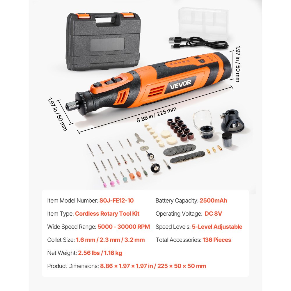 VEVOR 136-delige draadloze multitool, DC8V draagbare mini-rotatietool, 5 snelheden 5000–30000 tpm, voor graveren, slijpen, polijsten, snijden, snijden en doe-het-zelf-knutselen