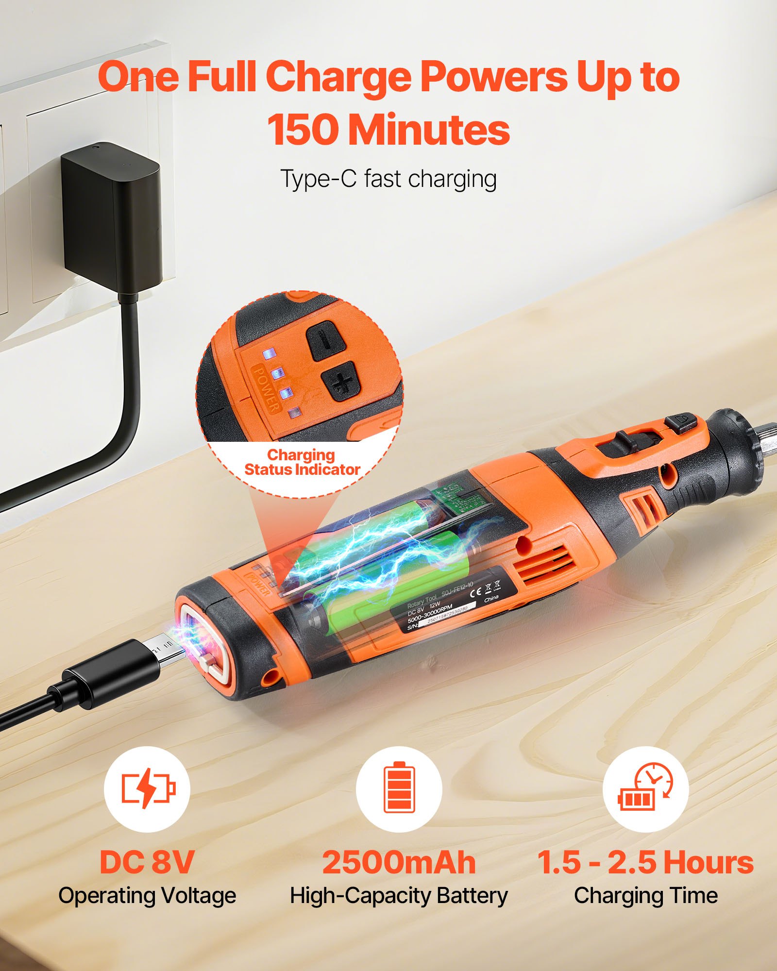 VEVOR 136-delige draadloze multitool, DC8V draagbare mini-rotatietool, 5 snelheden 5000–30000 tpm, voor graveren, slijpen, polijsten, snijden, snijden en doe-het-zelf-knutselen