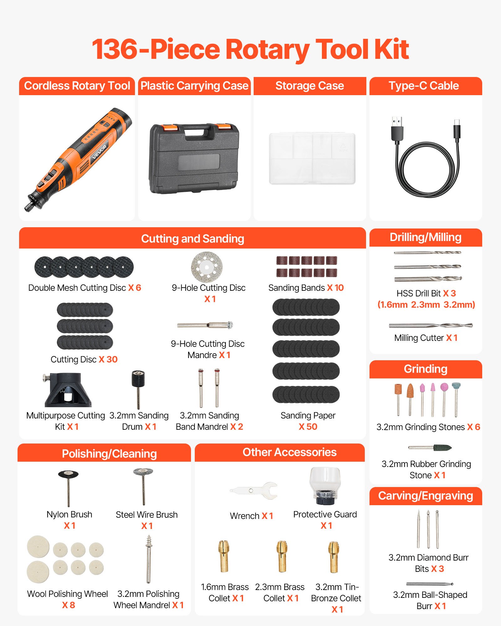 VEVOR 136-delige draadloze multitool, DC8V draagbare mini-rotatietool, 5 snelheden 5000–30000 tpm, voor graveren, slijpen, polijsten, snijden, snijden en doe-het-zelf-knutselen