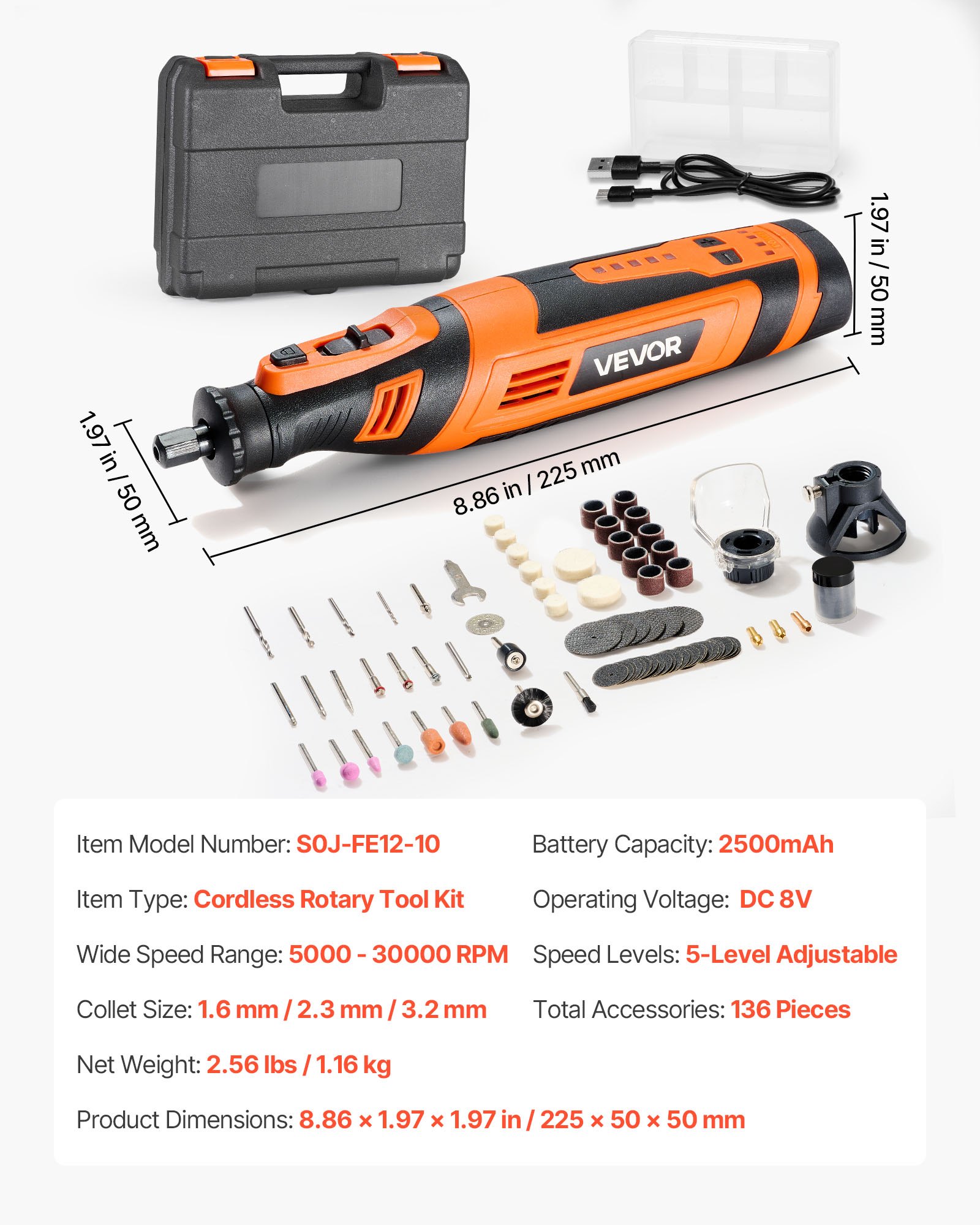 VEVOR 136-delige draadloze multitool, DC8V draagbare mini-rotatietool, 5 snelheden 5000–30000 tpm, voor graveren, slijpen, polijsten, snijden, snijden en doe-het-zelf-knutselen