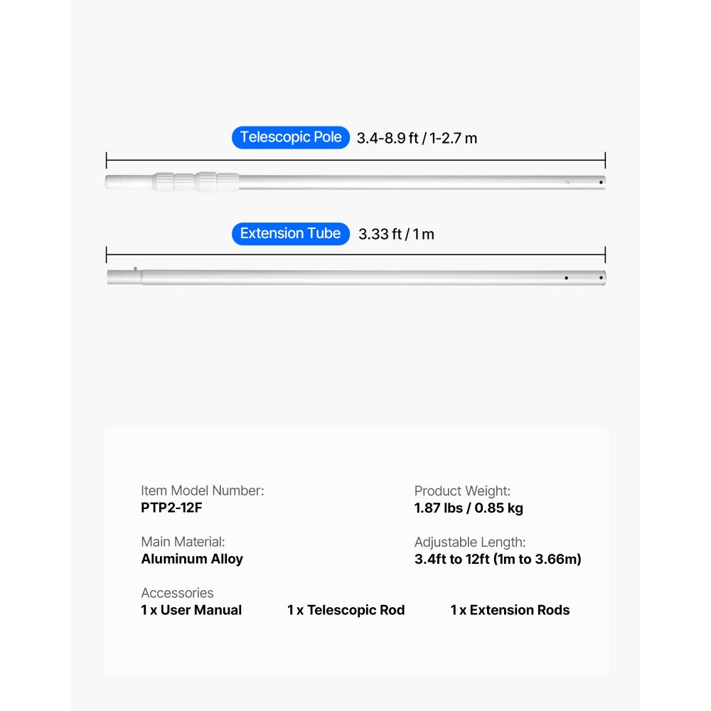 VEVOR Pool Pole Zwembadpaal (1-3,65 m), Reinigingspaal voor zwembaden, Professionele verstelbare telescoopsteel met verlengstok, Reinigingsstang voor borstel, Zuigkop, Skimmernet