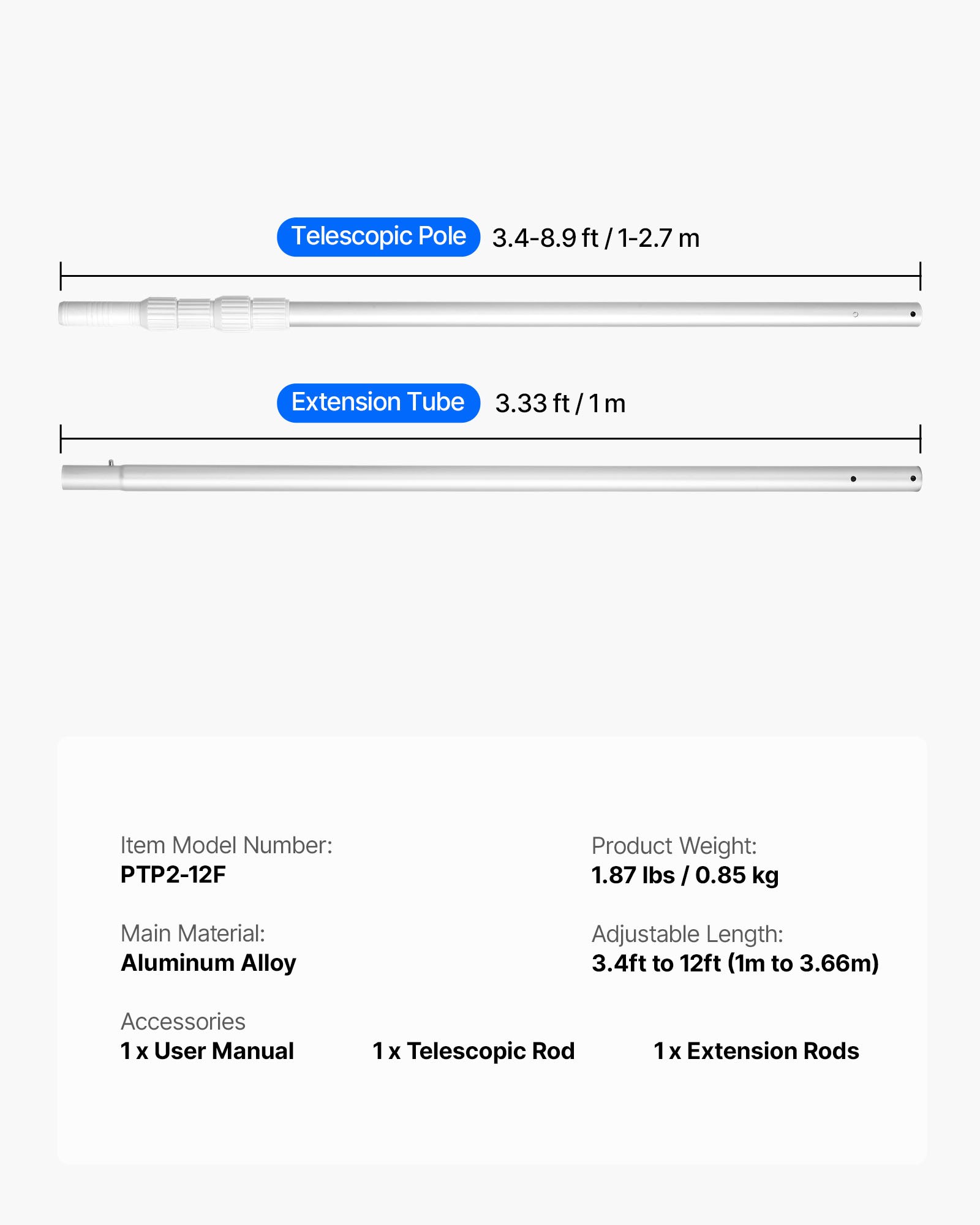 VEVOR Pool Pole Zwembadpaal (1-3,65 m), Reinigingspaal voor zwembaden, Professionele verstelbare telescoopsteel met verlengstok, Reinigingsstang voor borstel, Zuigkop, Skimmernet