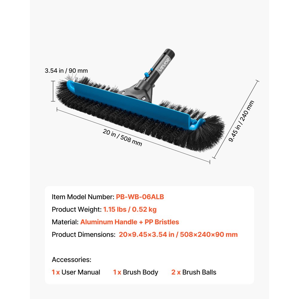 VEVOR Pool Brush Head Schrobborstels (508 mm) met nylon borstelharen en aluminium paalconnector, borstelkop voor het reinigen van wanden van ingebouwde/bovengrondse zwembaden (zonder paal)
