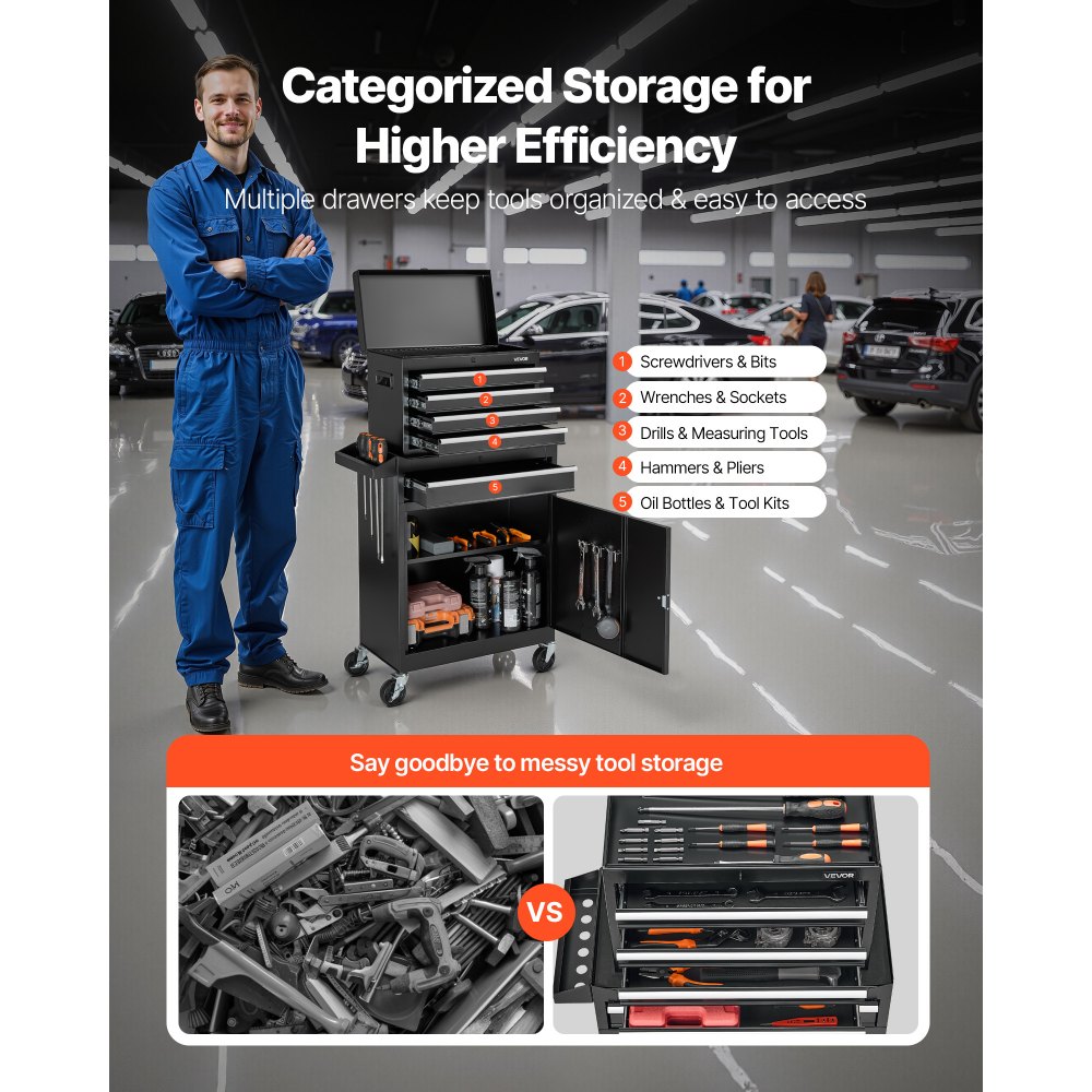 VEVOR Werkplaatswagen, 2-in-1 ontwerp, gereedschapswagen met 5 lades en uitneembare metalen gereedschapskist, afsluitbare stang, beschermende voering en gereedschapsrek, garage-organizer voor opslag, werkplaats
