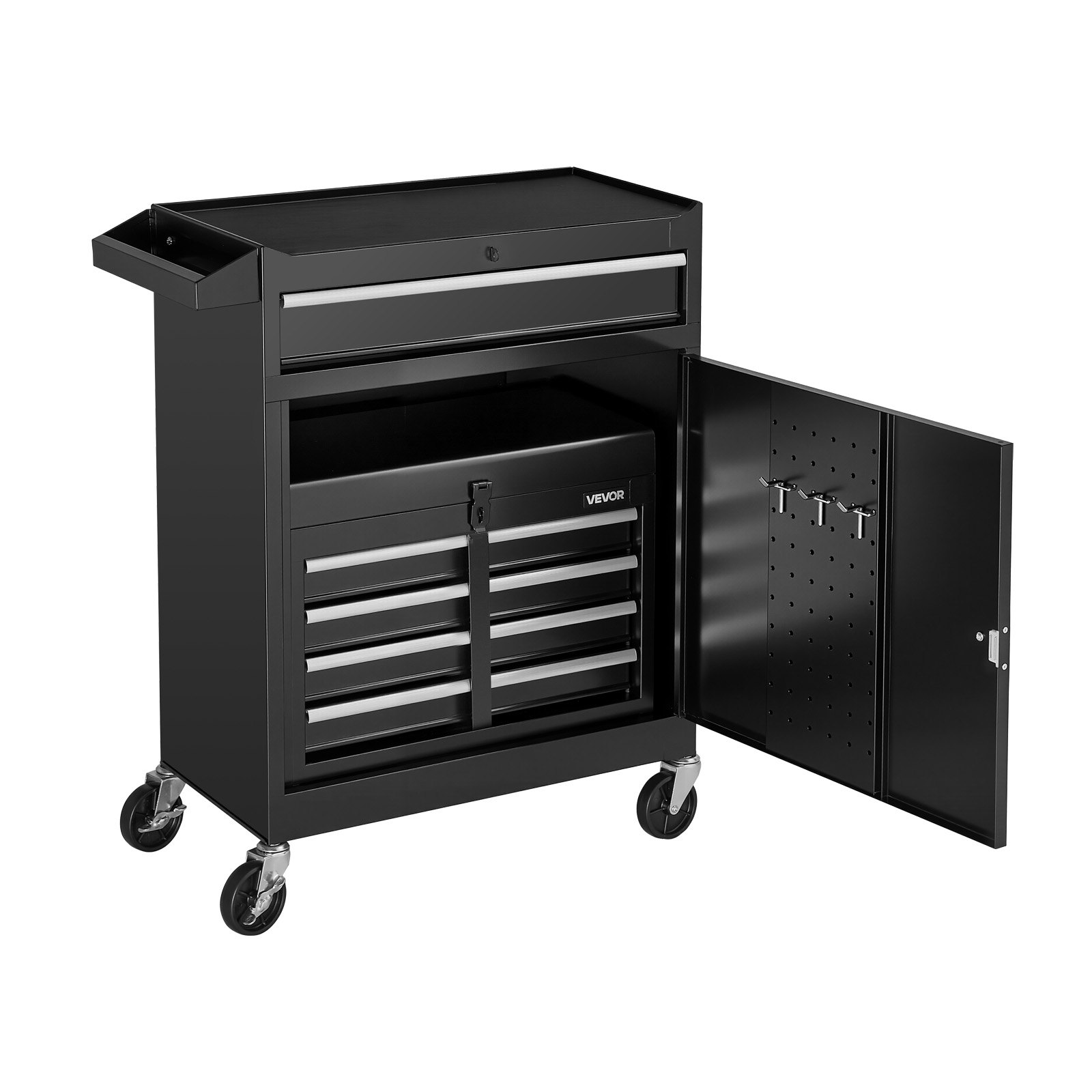 VEVOR Werkplaatswagen, 2-in-1 ontwerp, gereedschapswagen met 5 lades en uitneembare metalen gereedschapskist, afsluitbare stang, beschermende voering en gereedschapsrek, garage-organizer voor opslag, werkplaats