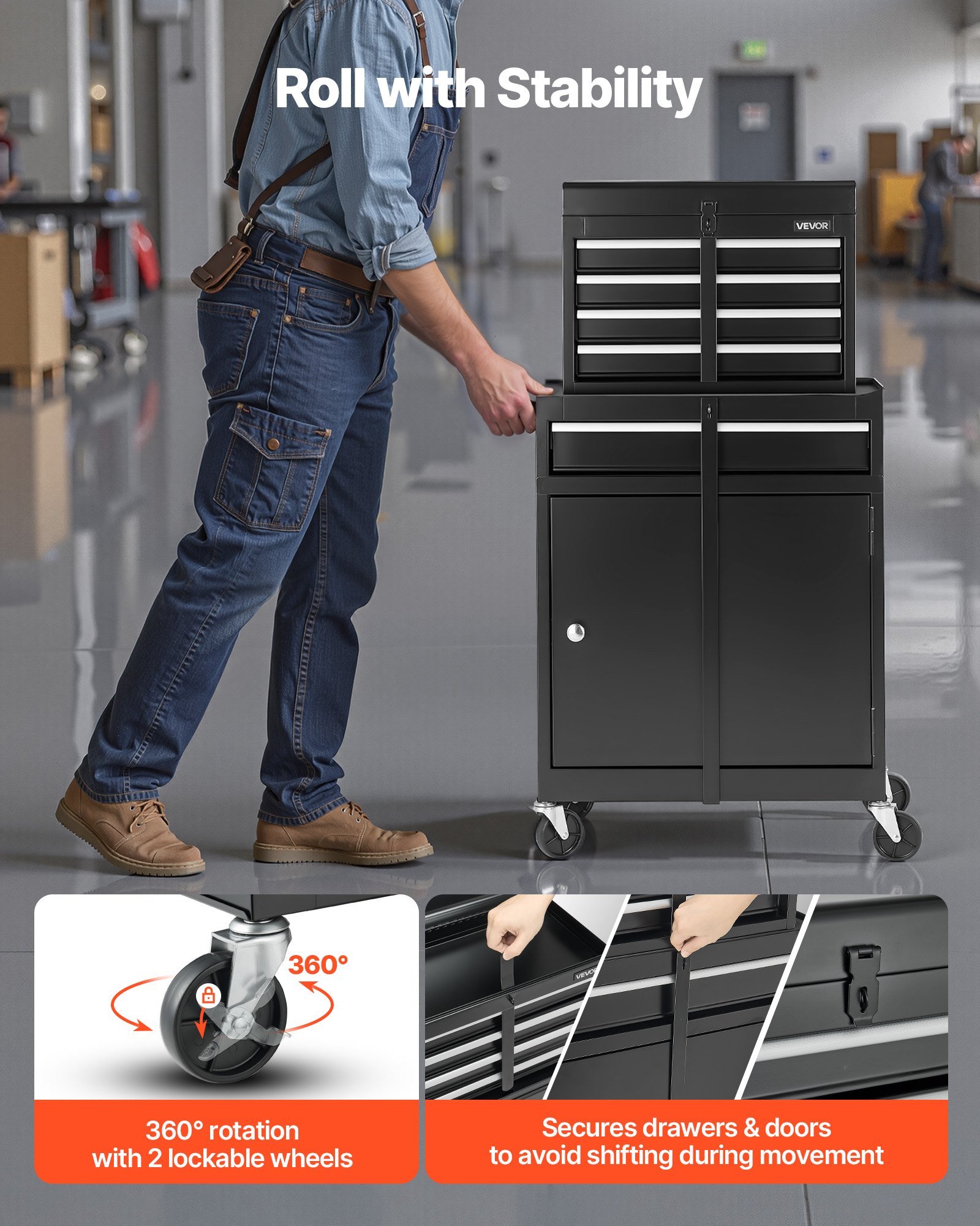 VEVOR Werkplaatswagen, 2-in-1 ontwerp, gereedschapswagen met 5 lades en uitneembare metalen gereedschapskist, afsluitbare stang, beschermende voering en gereedschapsrek, garage-organizer voor opslag, werkplaats