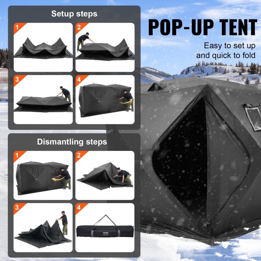 VEVOR Portable Ice Shelter, 6-8 Person Pop-Up Ice Fishing Tent, 70 Square Feet Fishable Area, Ice Shanty for Winter Fishing, Waterproof Oxford Ice Cube with Anchors/Ropes/Carrying Bag, 142"x71" Black