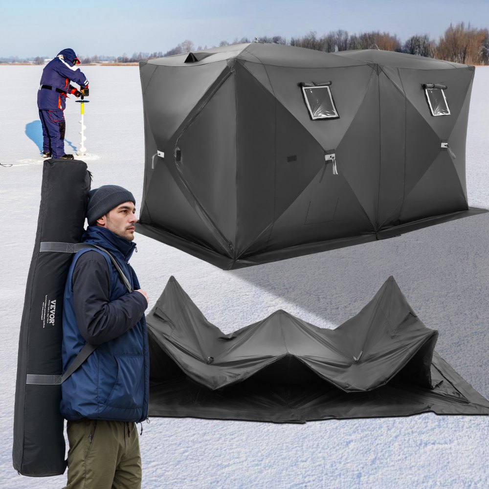 VEVOR Portable Ice Shelter, 6-8 Person Pop-Up Ice Fishing Tent, 70 Square Feet Fishable Area, Ice Shanty for Winter Fishing, Waterproof Oxford Ice Cube with Anchors/Ropes/Carrying Bag, 142"x71" Black