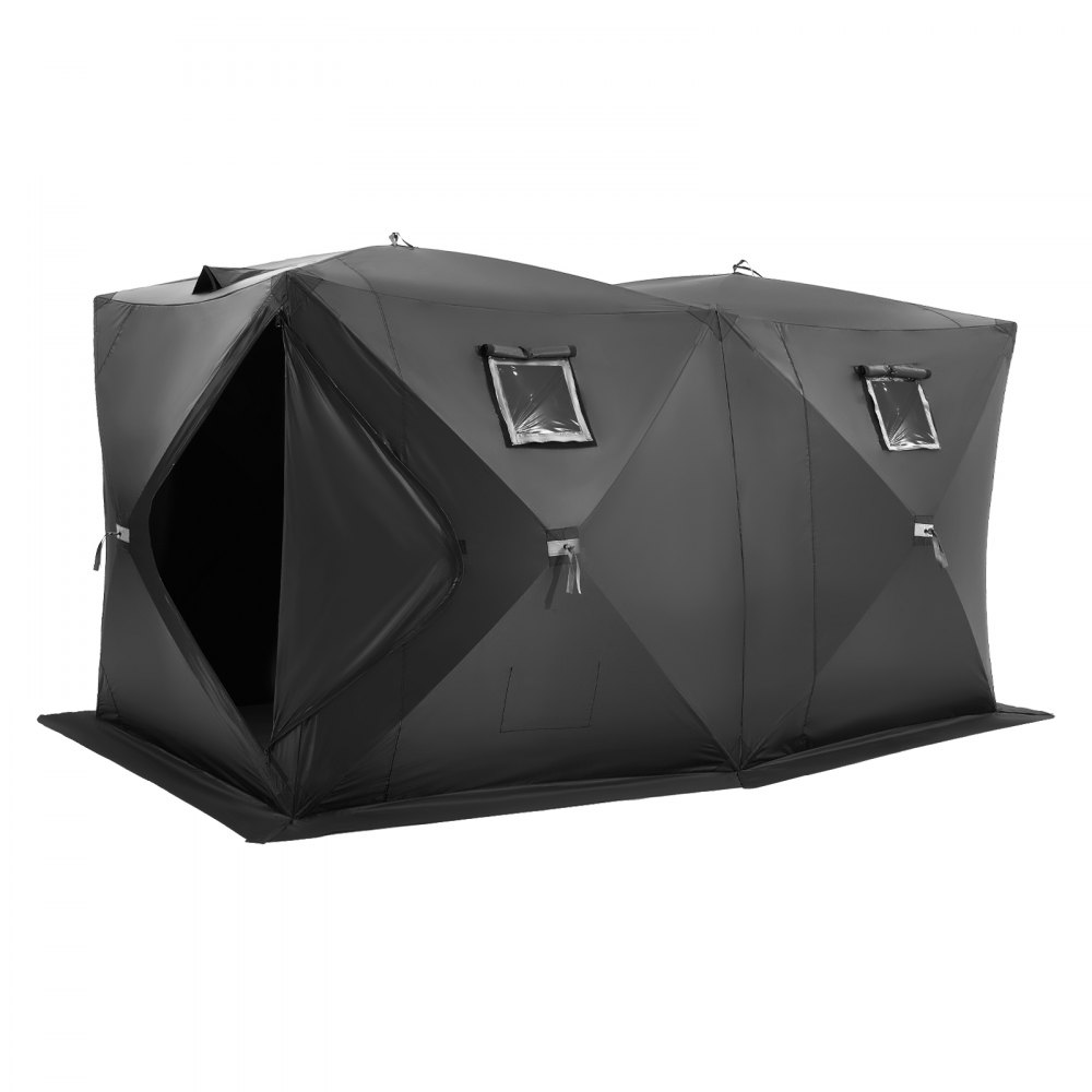 VEVOR Portable Ice Shelter, 6-8 Person Pop-Up Ice Fishing Tent, 70 Square Feet Fishable Area, Ice Shanty for Winter Fishing, Waterproof Oxford Ice Cube with Anchors/Ropes/Carrying Bag, 142"x71" Black
