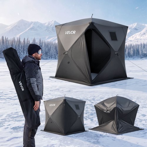VEVOR ijsvistent voor 3-4 personen, 1,8x1,8x2 m, ijsbeschermingstent voor wintervissen, 3,13 m² oppervlakte, 300D Oxford-stof, tent met naafconstructie inclusief ankers, touwen en draagtas, zwart