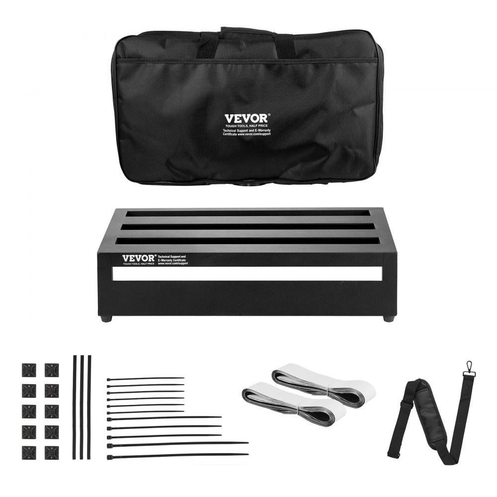 VEVOR guitar pedal board with carrying bag, cable ties, straps, and accessories.