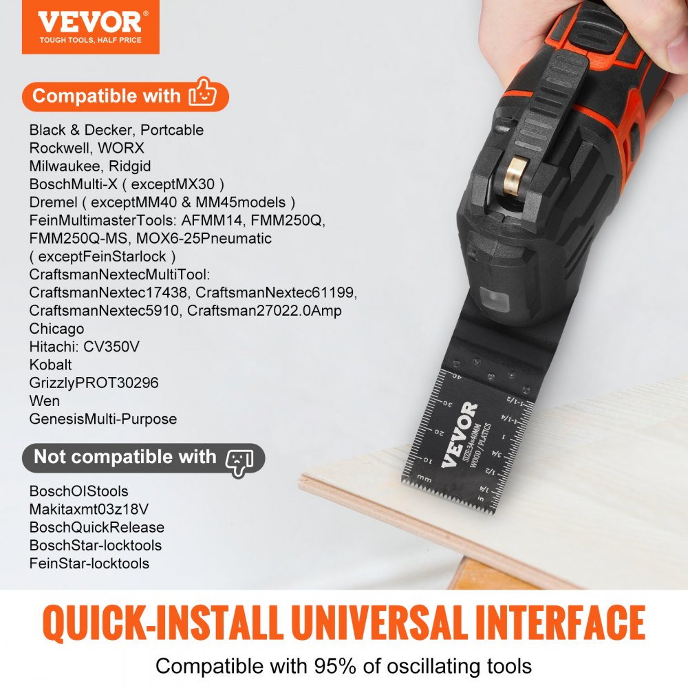 VEVOR 50x zaagblad Multifunctioneel gereedschap 9x3,4 cm Oscillerende tool Hoog koolstofstaal (HCS) Snelwisselinterface Compatibel met 95% van de oscillerende gereedschappen die op de markt verkrijgbaar zijn