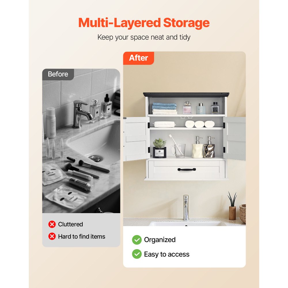 VEVOR Bathroom Wall Cabinet, 2 Doors & Adjustable Shelf, Over the Toilet Storage Medicine Cabinet Wall Mounted, Hanging Organizer with Drawer & Open Partition for Laundry Room Kitchen Restroom, White