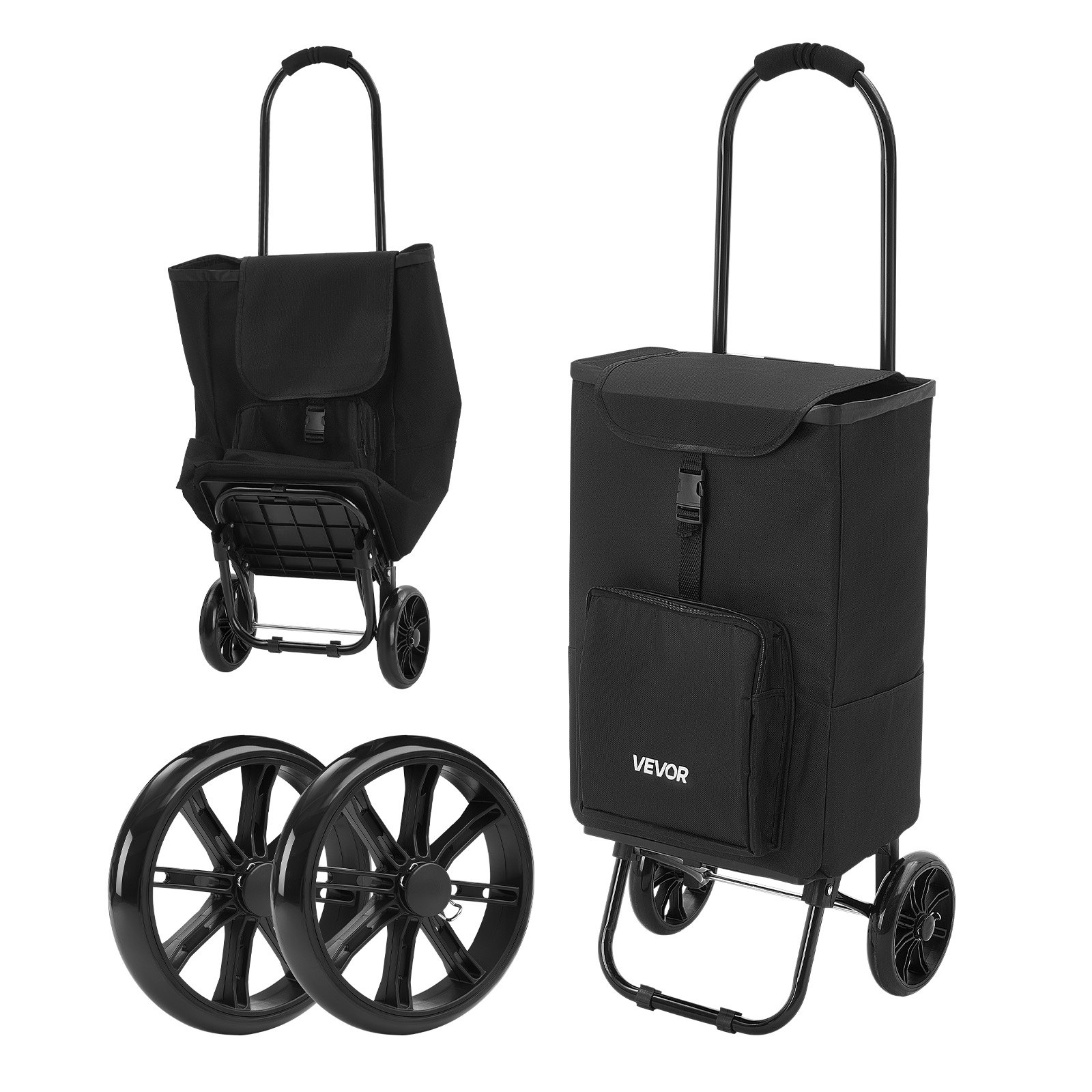 VEVOR Shopping Cart with Wheels Foldable Trolley Dolly for Groceries Black, 2-in-1 Rolling Utility Cart with Detachable Bag, Soft Foam Handle, Storage Compartments, Compact for Market Laundry Camping