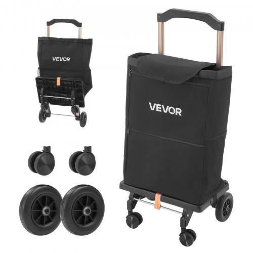 VEVOR boodschappentrolley, opvouwbare winkelwagen met een draagvermogen van 75 kg, zwart, inhoud van 40 liter, met koelvak, telescopische handgreep + 4 wielen, afneembare tas, 2-in-1 boodschappentrolley voor boodschappen doen, kamperen en huishoudelijk gebruik.
