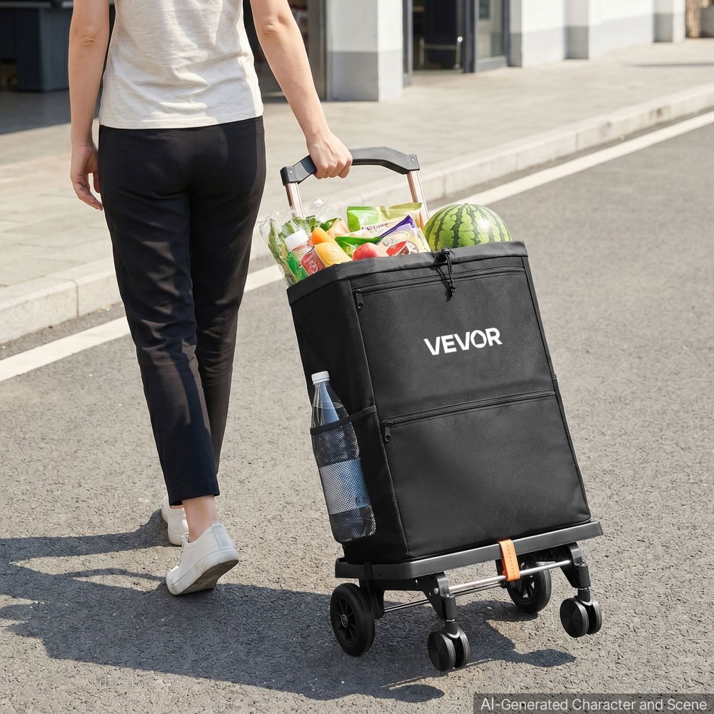 VEVOR boodschappentrolley, opvouwbare winkelwagen met een draagvermogen van 75 kg, zwart, inhoud van 40 liter, met koelvak, telescopische handgreep + 4 wielen, afneembare tas, 2-in-1 boodschappentrolley voor boodschappen doen, kamperen en huishoudelijk gebruik.
