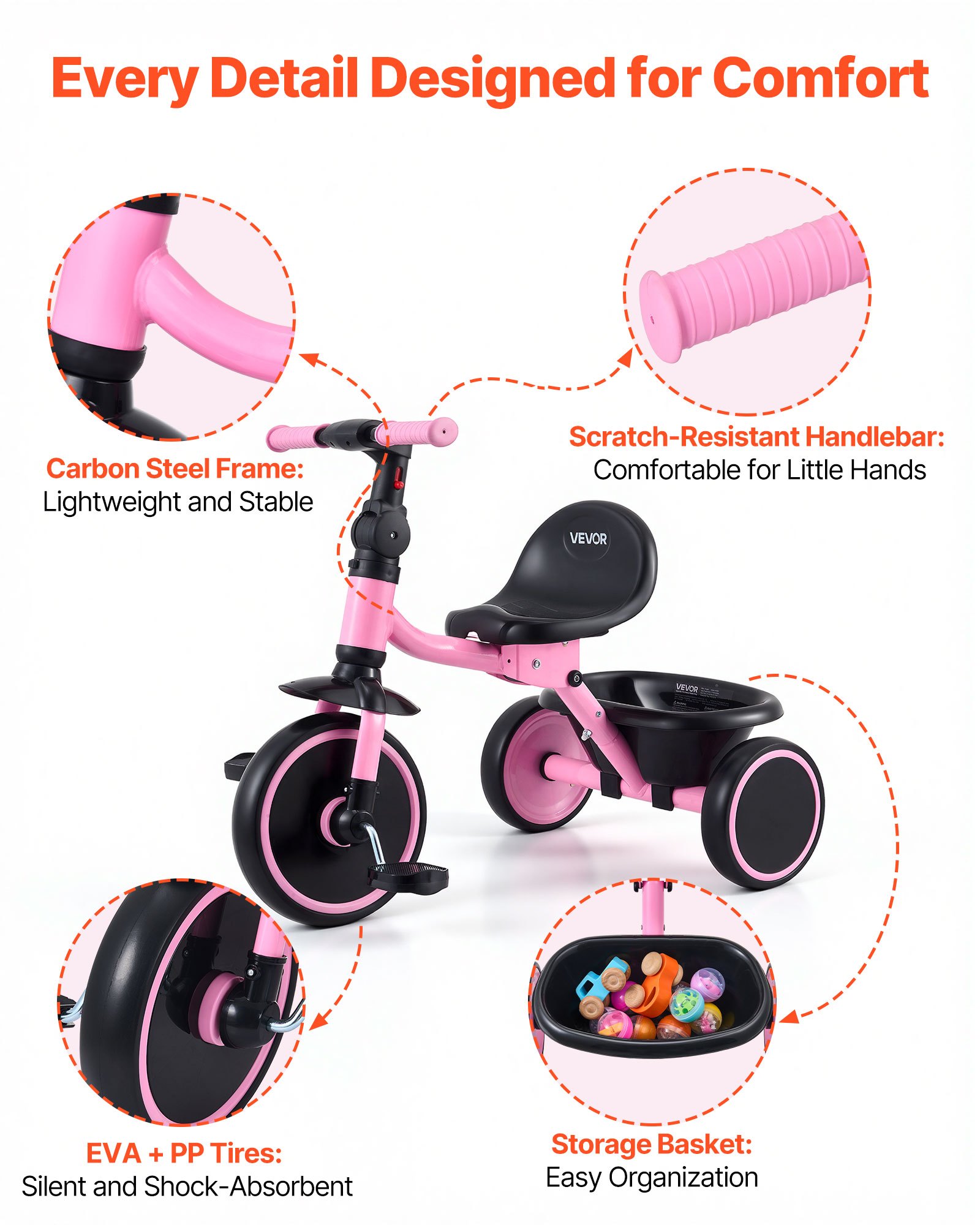 VEVOR driewieler voor kinderen van 2 tot 5 jaar, loopfiets met verstelbare zitting, opbergmand en frame van koolstofstaal, opvouwbare kinderdriewieler met handvatten, cadeau voor jongens en meisjes