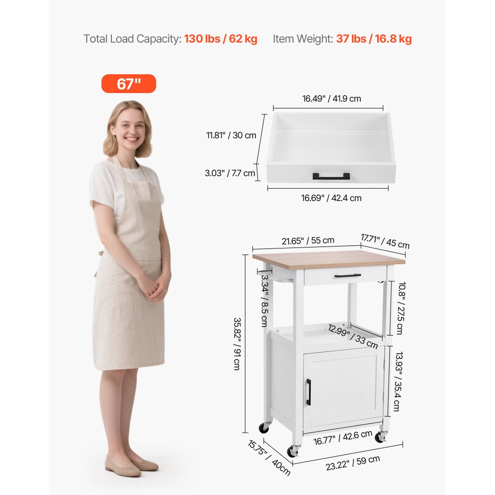VEVOR Keukeneilandwagen met kast met één deur, mobiele wagen met lade, handdoekhouder en haken, draagbare tafel op wielen, kleine koffie-eilanden, magnetronstandaard voor eetkamer, wit