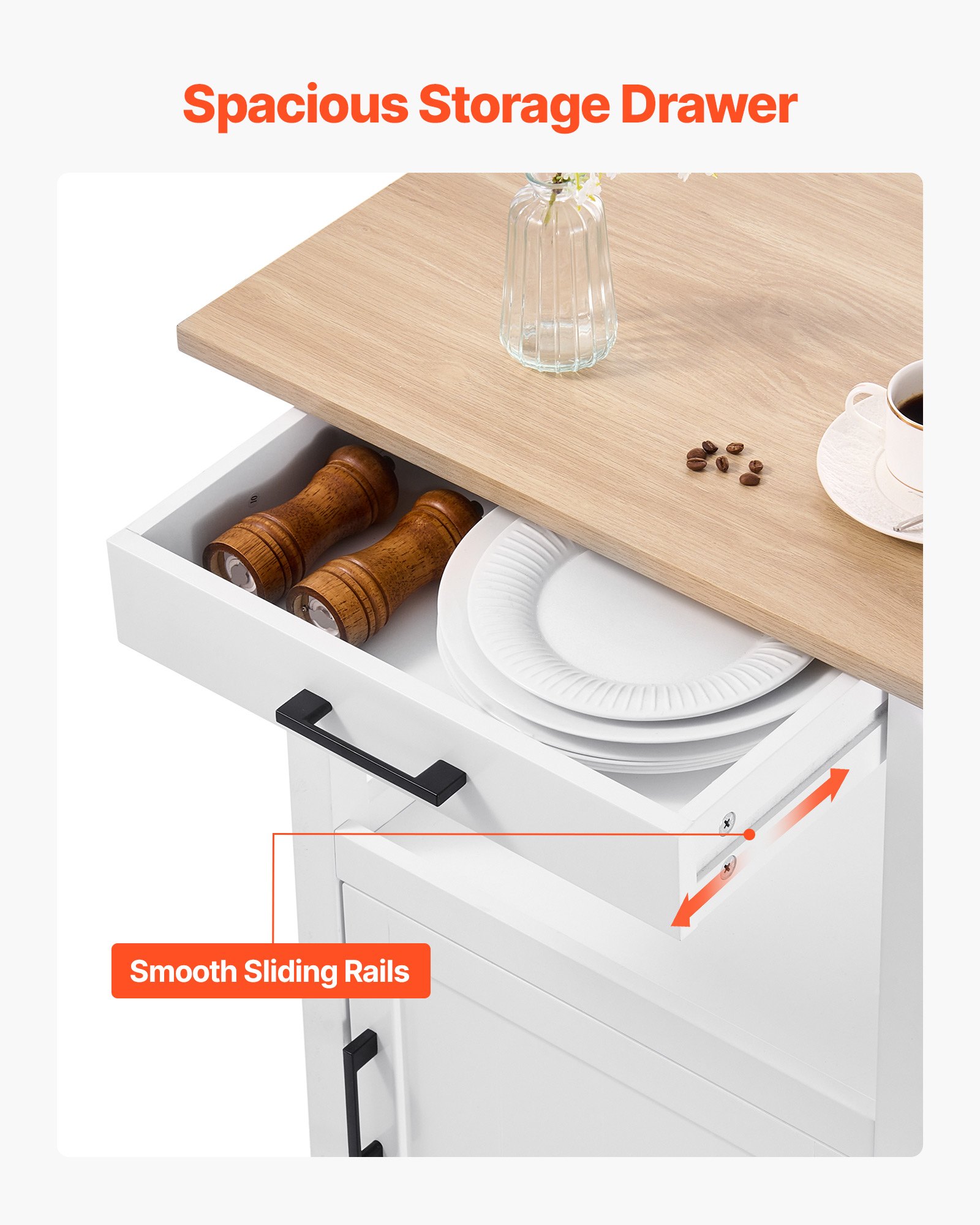 VEVOR Keukeneilandwagen met kast met één deur, mobiele wagen met lade, handdoekhouder en haken, draagbare tafel op wielen, kleine koffie-eilanden, magnetronstandaard voor eetkamer, wit